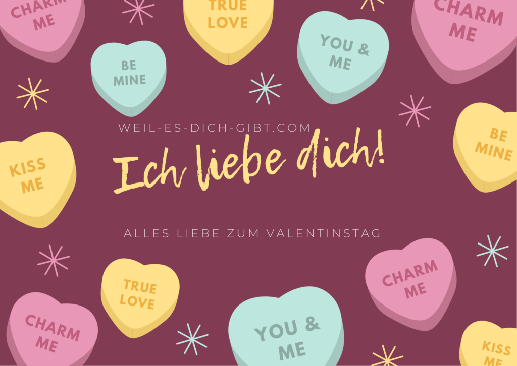 Weinroter Hintergrund mit vielen bunten Herzen und dem Spruch "Ich liebe dich! Alles Liebe zum Valentinstag!"