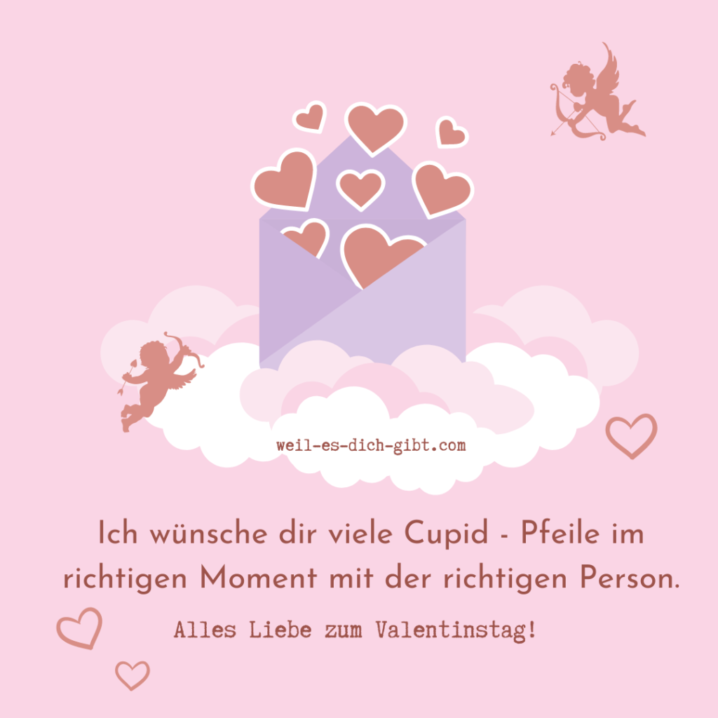 Illustration von Cupid Engeln, die rote Herzen mit Pfeilen schießen, auf rosa Hintergrund mit einem geöffneten lila Briefumschlag, der <a href=
