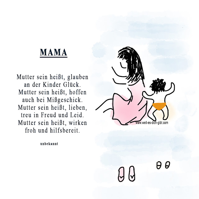 Weißer Hintergrund, illustrierte Mutter mit Kind am Strand, berührendes Gedicht über das Muttersein