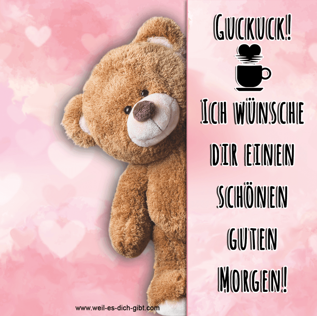 Ein Teddybär schaut über eine rosa Wand und sagt "Guten Morgen". Im Hintergrund sind weiße Herzchen zu sehen.