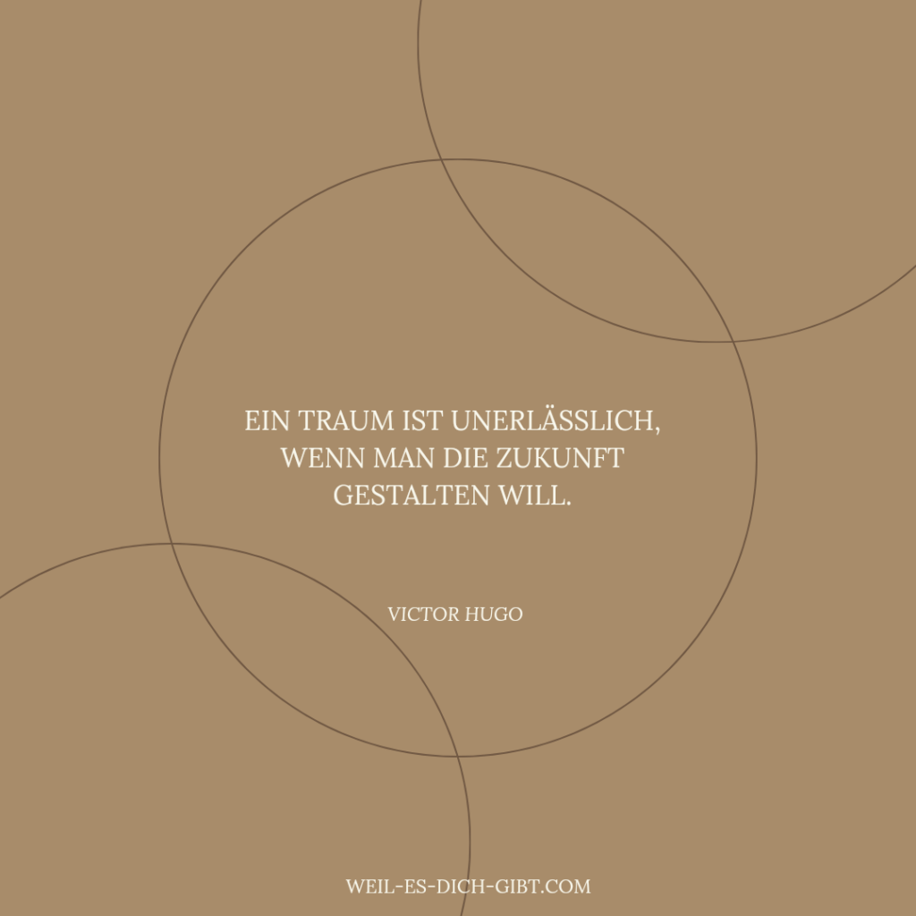 Ein brauner Hintergrund mit drei ineinanderkettenden Kreisen und dem Zitat von Viktor Hugo in weißer Schrift: "Ein Traum ist unerlässlich, wenn man die Zukunft gestalten will."