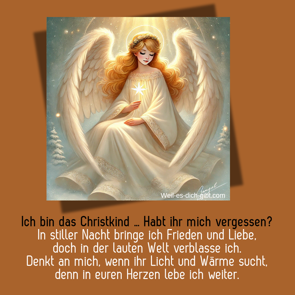 Ich bin das Christkind … Habt ihr mich vergessen? In stiller Nacht bringe ich Frieden und Liebe, doch in der lauten Welt verblasse ich. Denkt an mich, wenn ihr Licht und Wärme sucht, denn in euren Herzen lebe ich weiter.