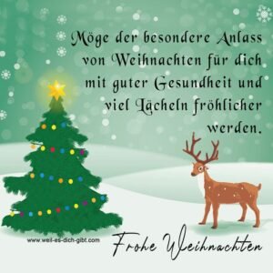 Möge der besondere Anlass von Weihnachten für dich mit guter Gesundheit und viel Lächeln fröhlicher werden. Frohe Weihnachten!
