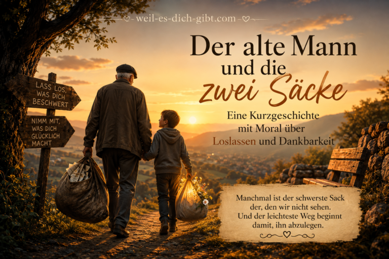 Visualisierung: Alte Mann Zwei Säcke Kurzgeschichte Moral Über Loslassen Dankbarkeit