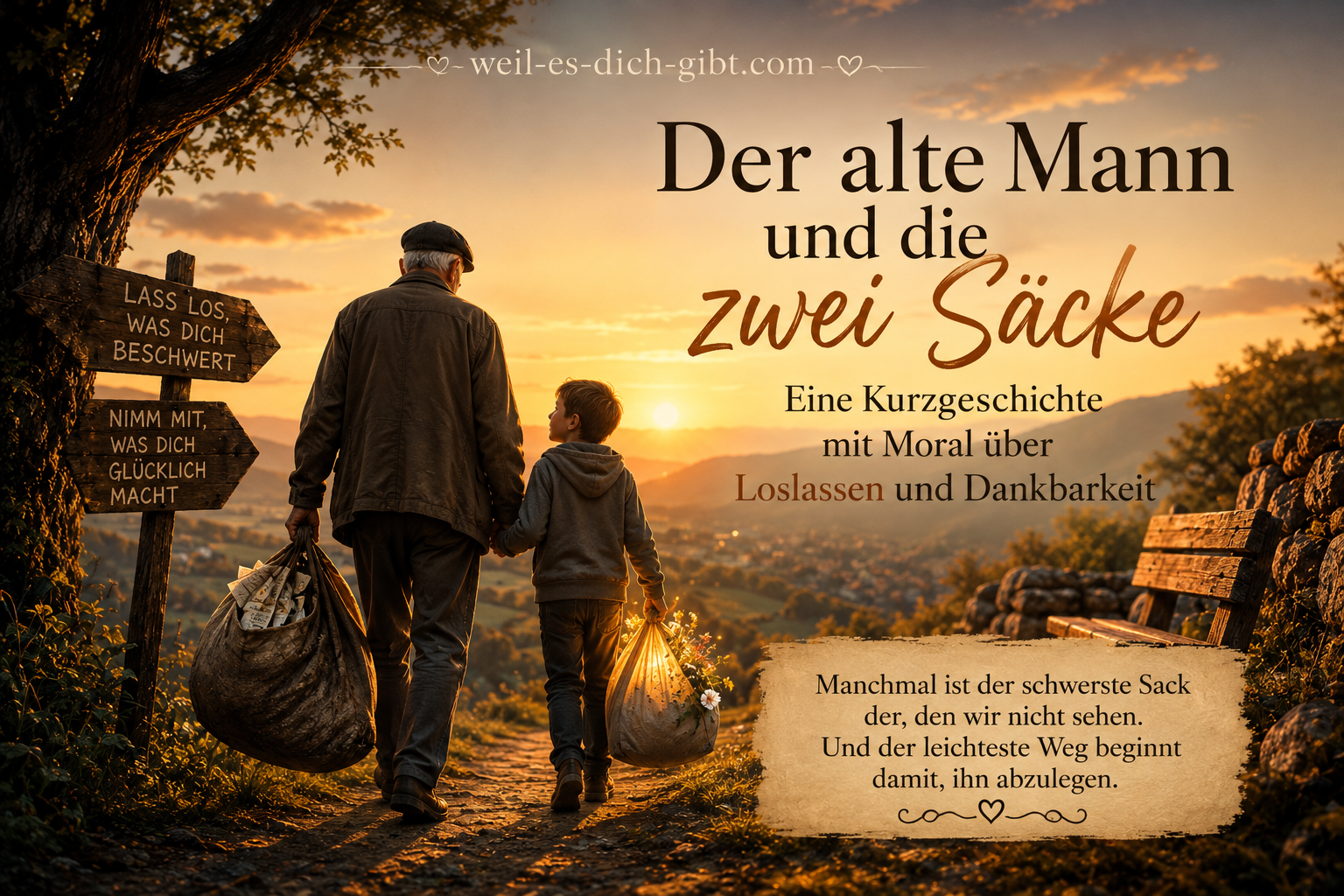 Visualisierung: Alte Mann Zwei Säcke Kurzgeschichte Moral Über Loslassen Dankbarkeit